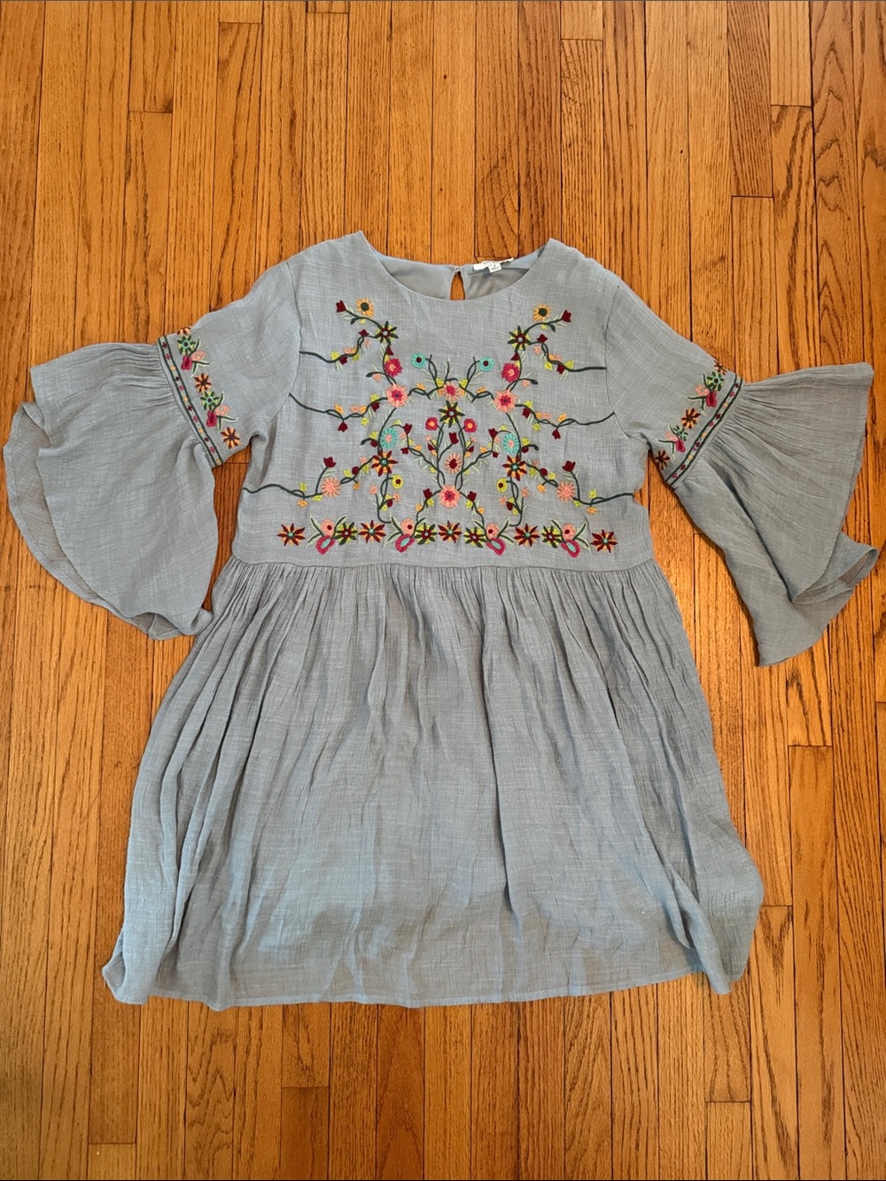 Umgee Pale Blueish Grey Embroidered Bell-Sleeve Casual Dress